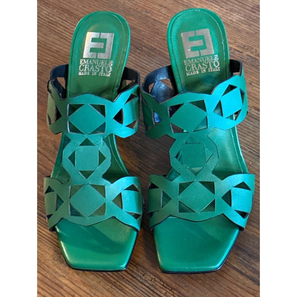 Emanuel Crasto Leather Laser-Cut Wedge Sandals Green Italy-Made Size 38 New